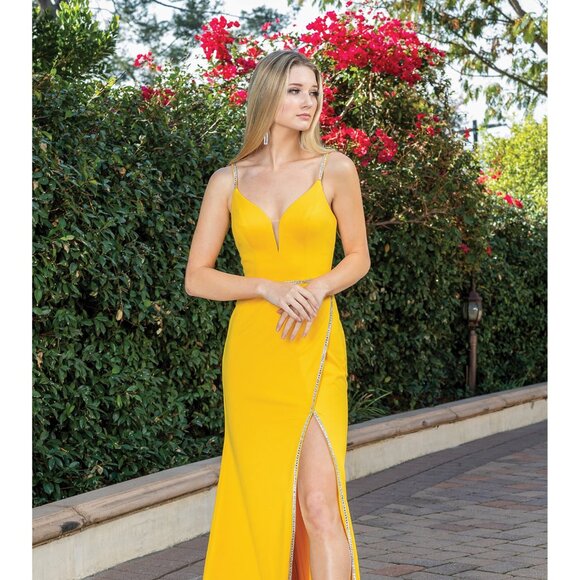 New Rhinestones Embellihsed Maxi Graduation Satin Dress w/ Lace Up Back DQ 4271 - Picture 7 of 9